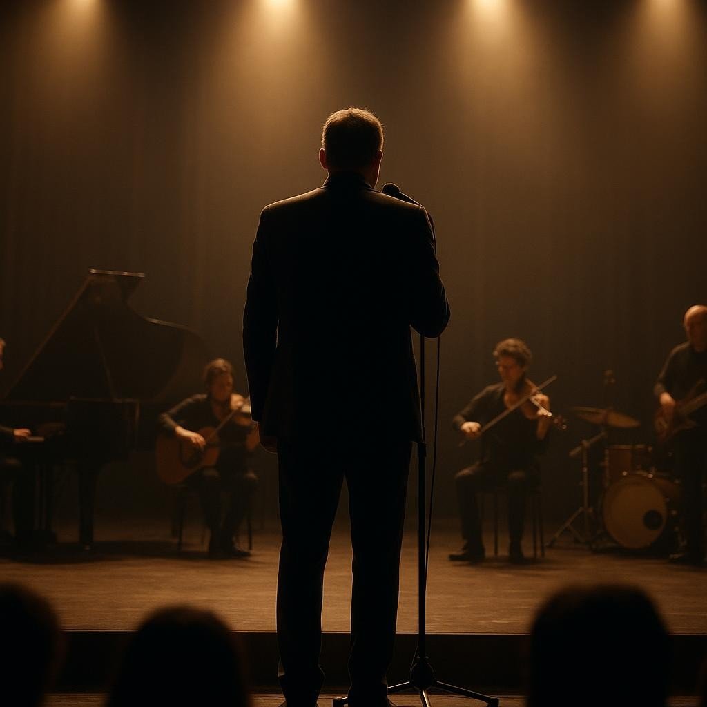 Rappresentazione generata di un concerto cantautorale a teatro per l'evento di Roberto Vecchioni (immagine non ufficiale).