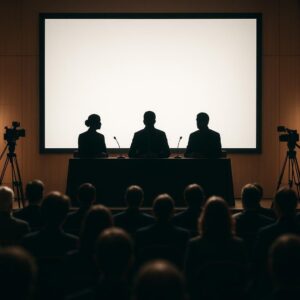 Rappresentazione generata di un panel pubblico per il Festival Internazionale del Giornalismo (immagine non ufficiale).