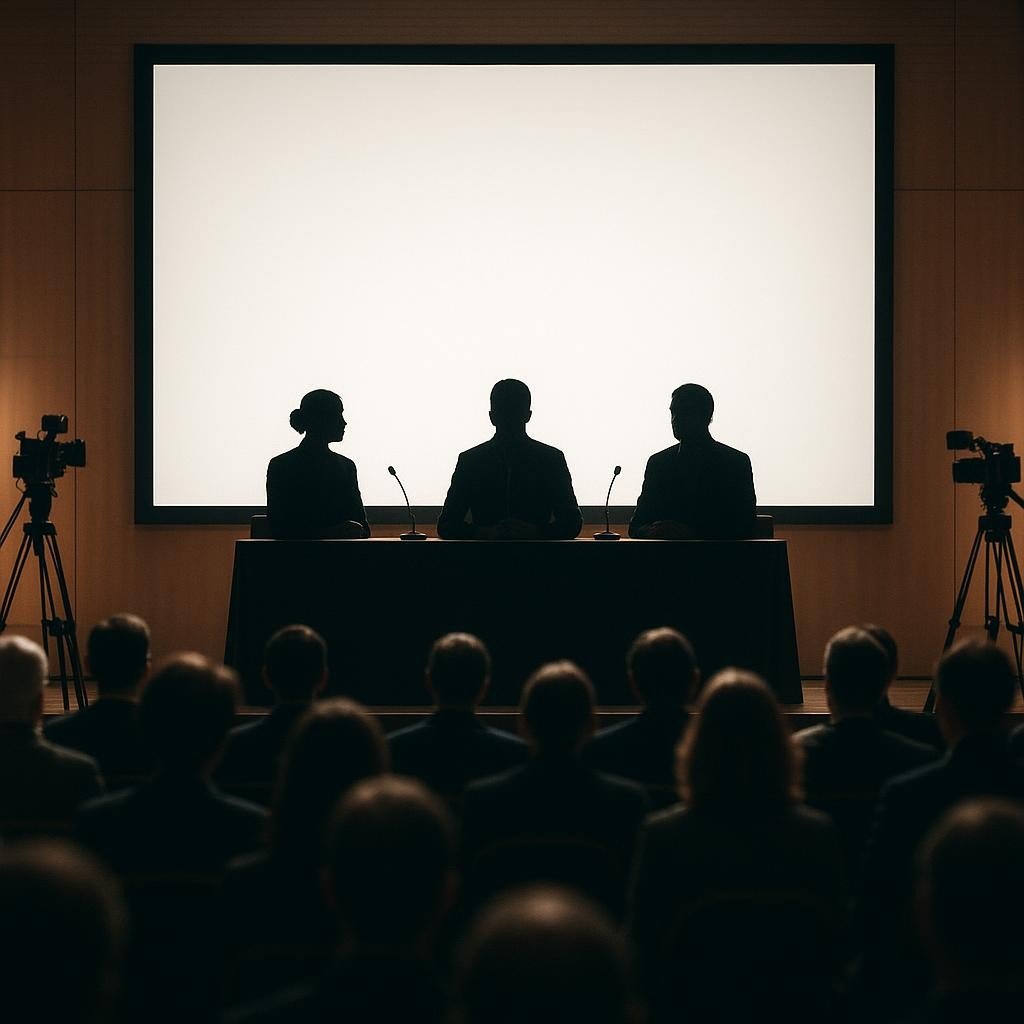 Rappresentazione generata di un panel pubblico per il Festival Internazionale del Giornalismo (immagine non ufficiale).