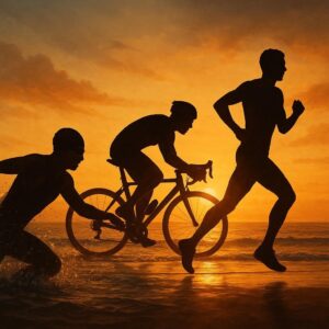 Rappresentazione generata di un evento di triathlon sul mare a Cervia (immagine non ufficiale).