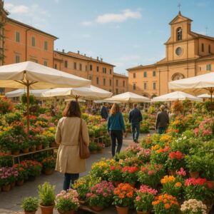 Rappresentazione generata di una mostra mercato floreale primaverile a Cattolica (immagine non ufficiale).