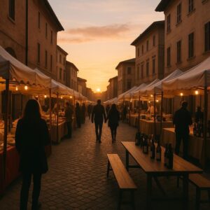 Rappresentazione generata di un festival enogastronomico nel centro storico di Ferrara (immagine non ufficiale).