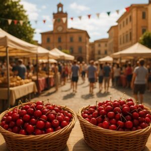 Rappresentazione generata di un evento dedicato alle ciliegie e al cibo locale a Vignola (immagine non ufficiale).