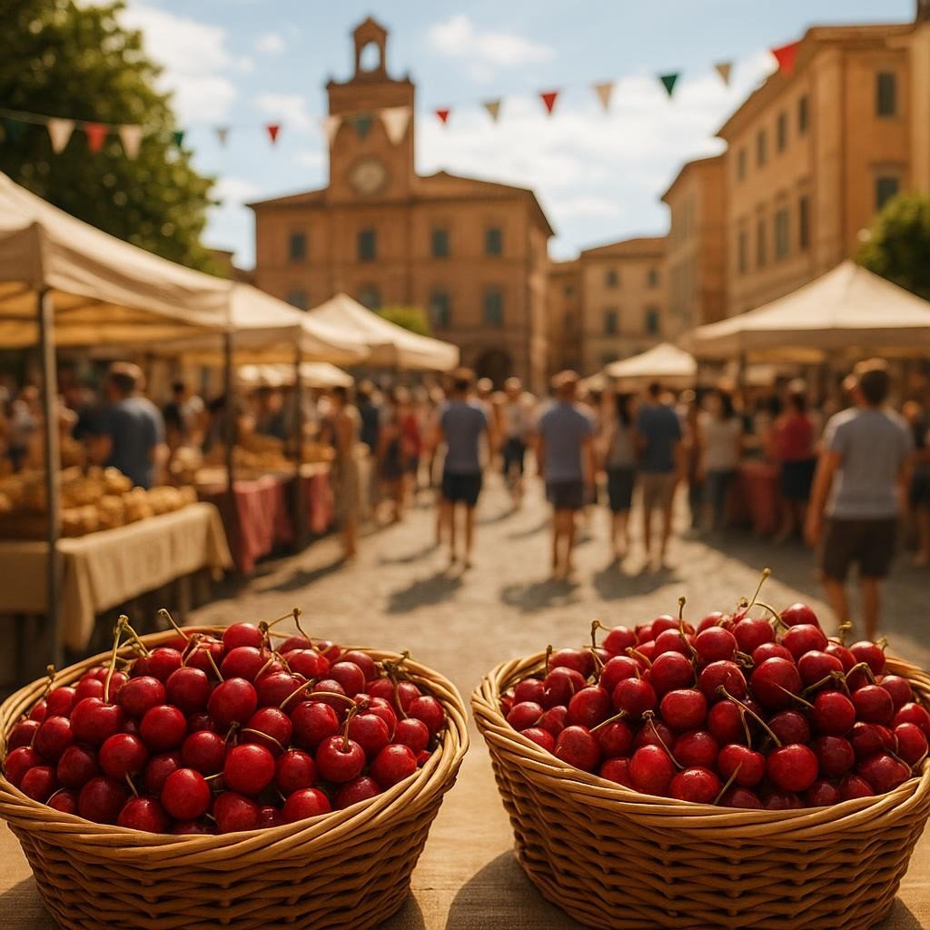 Rappresentazione generata di un evento dedicato alle ciliegie e al cibo locale a Vignola (immagine non ufficiale).