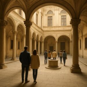 Illustrazione ispirata a Palazzi Aperti 2026 nelle dimore storiche dell’Aquila (immagine non ufficiale).