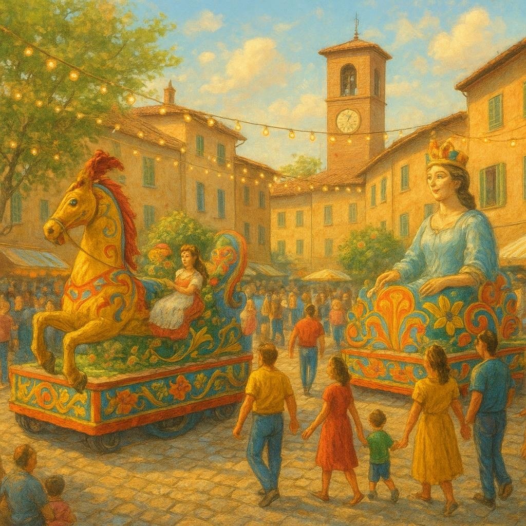 Illustrazione ispirata a Casola Valsenio festeggia la primavera con carri e musica (immagine non ufficiale).