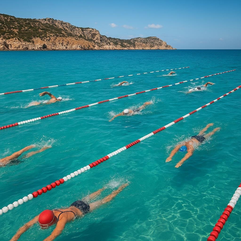 Competizione di nuoto in acque libere nelle acque della Gallura durante la Coppa del Mondo (immagine non ufficiale)