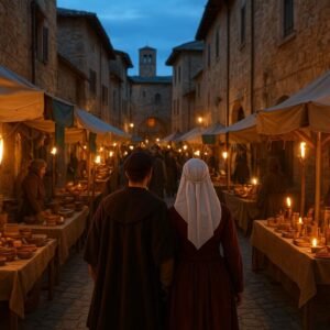 Visual concept del mercatino medievale nel borgo storico (immagine non ufficiale).