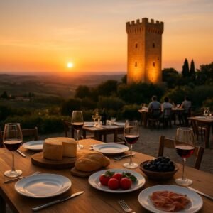 Concept visivo delle serate estive tra gusto e musica alla Torre di Oriolo (immagine non ufficiale).