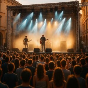 Concept visivo del festival musicale estivo in Piazza Ariostea a Ferrara (immagine non ufficiale).