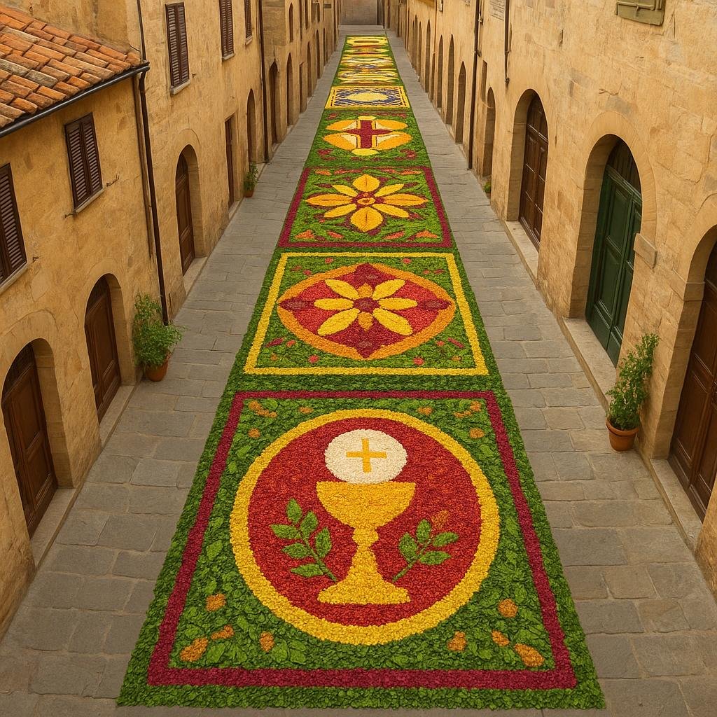 Immagine illustrativa generata per l'evento A Fucecchio l’Infiorata del Corpus Domini disegna il centro con tappeti di petali (immagine non ufficiale)