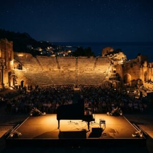 Immagine artistica di Riccardo Cocciante in concerto nello scenario del Teatro Greco di Siracusa (Concerto di Riccardo Cocciante a Siracusa - immagine non ufficiale)