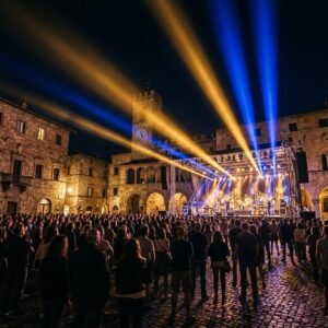 Immagine artistica di Notte di Luce ad Almenno San Salvatore: grande musica e scenografie luminose in piazza (Notte di Luce – Almenno San Salvatore - immagine non ufficiale)