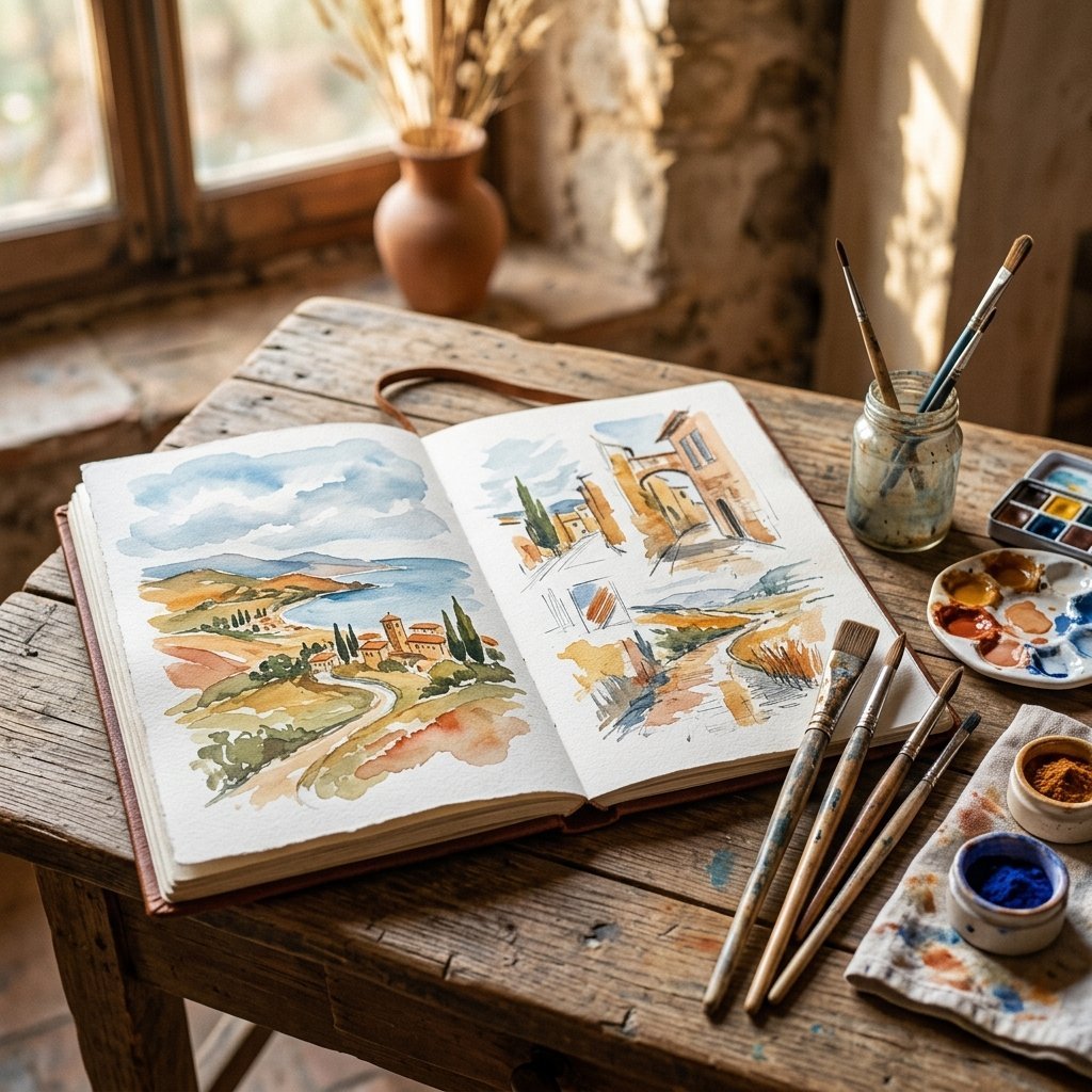 Locandina artistica rappresentativa dell'evento Appunti di Viaggio: Percorsi Pittorici e Memoria al Museo Ugo Guidi di Massa (Appunti di viaggio - immagine non ufficiale)
