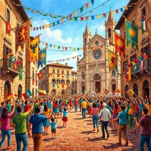 Rappresentazione artistica di Palio de San Michele 2026 a Bastia Umbra: la grande sfida dei quattro rioni (Palio de San Michele - immagine non ufficiale)