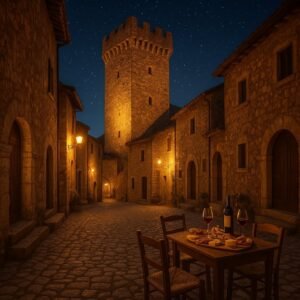 Rappresentazione artistica di Notti di Storie e Sapori a Castel di Ieri: visite serali tra archeologia, torri e gusto (immagine non ufficiale)