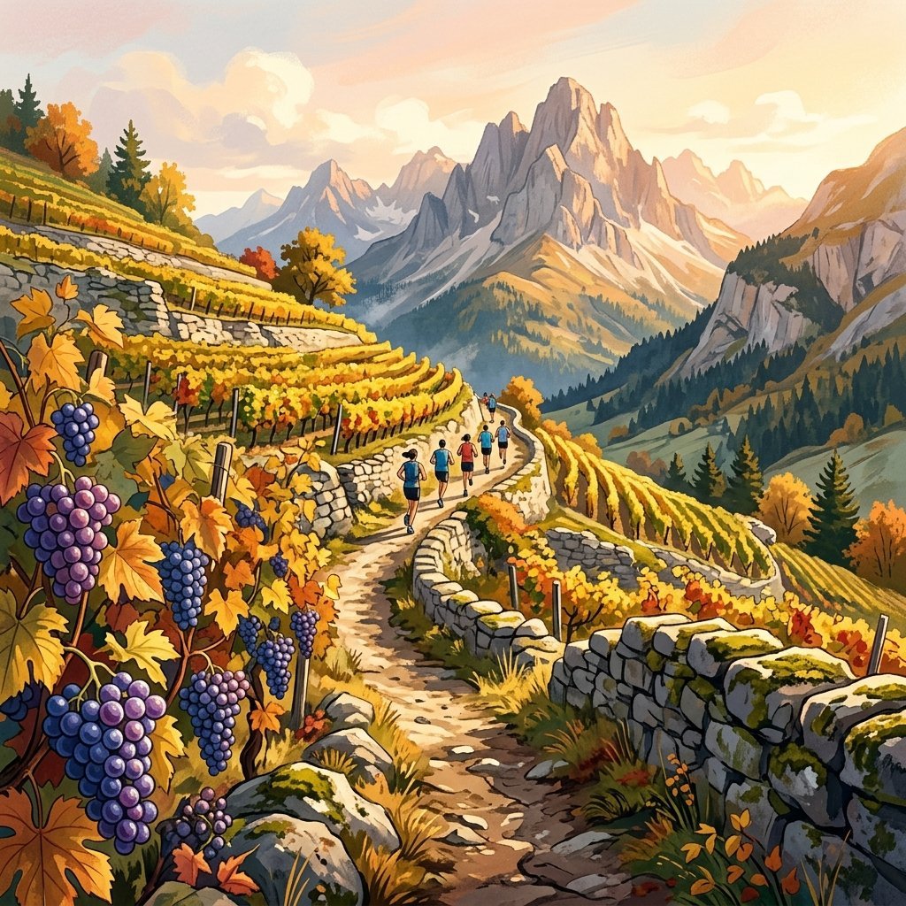 Scorcio illustrato dei vigneti e dei rilievi alpini della Valle Camonica durante la gara (Immagine non ufficiale)