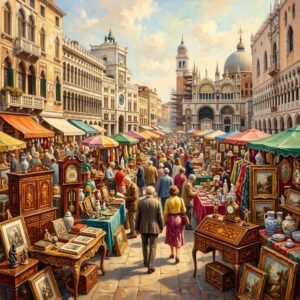 Scorcio artistico dei banchi di antiquariato nella storica piazza veneta (Immagine non ufficiale)