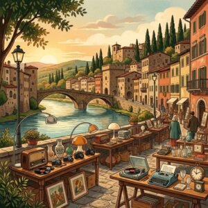 Scorcio vintage del mercatino affacciato sul borgo storico di Valeggio sul Mincio (Immagine non ufficiale)