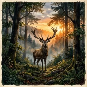 Illustrazione artistica del cervo tra i boschi del Cansiglio al crepuscolo (Immagine non ufficiale)