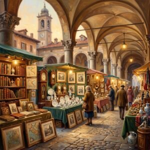 Illustrazione dei banchi dell'antiquariato allestiti sotto i portici di Fossano (Immagine non ufficiale)